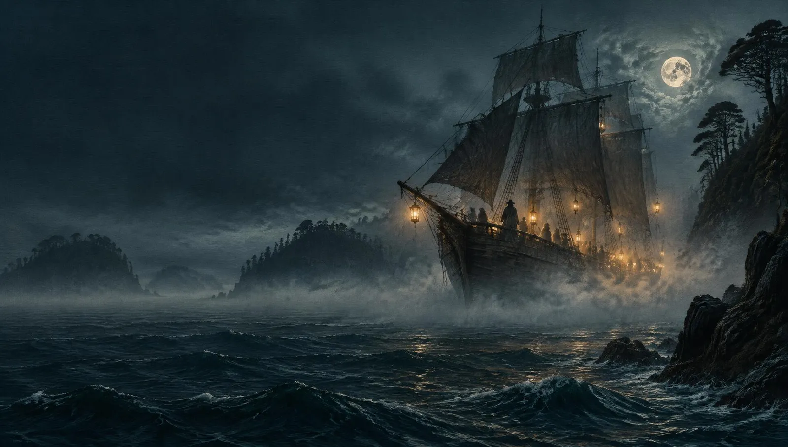 El Caleuche navegando entre la niebla de Chiloé